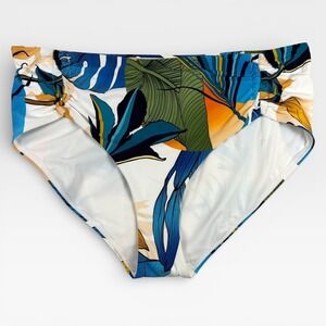 CALIA Womens Adjustable Tie Front Swim Bottom Size L Botanical Print White NWT